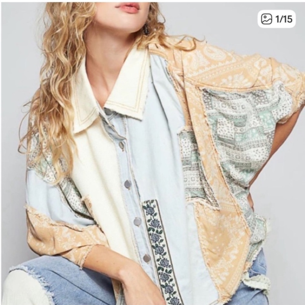 POL Light Denim Mixed Patchwork Boxy Oversized Boho Top Shacket Women’s Size M - Picture 3 of 16